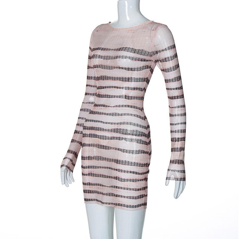 Long sleeve striped print sheer mesh crewneck ruffle mini dress