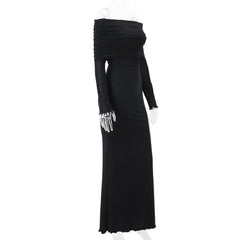 Ruched solid long sleeve off shoulder ruffle maxi dress