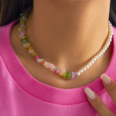 Multicolor beaded faux pearl chain necklace