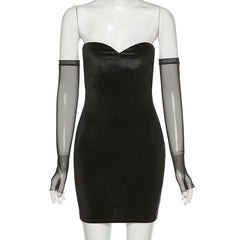 Heart neck velvet dress with mesh gloves