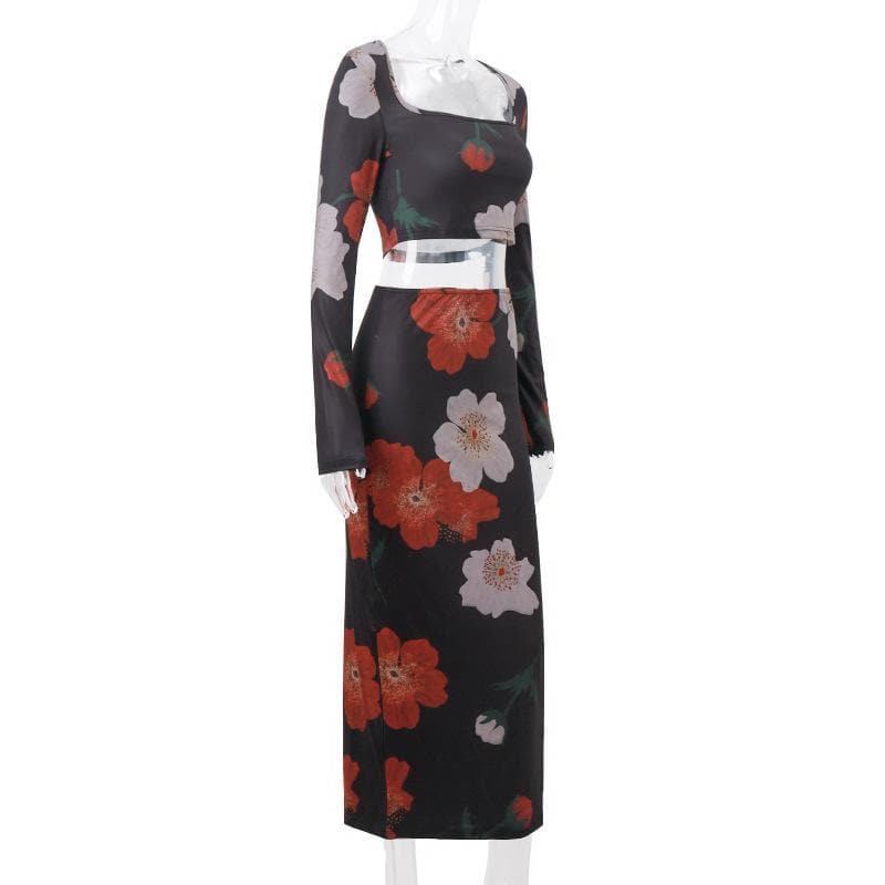 Flower print square neck long sleeve contrast maxi skirt set