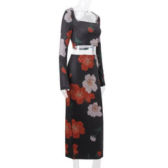 Flower print square neck long sleeve contrast maxi skirt set