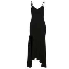 Slit v neck solid irregular ruched cami maxi dress