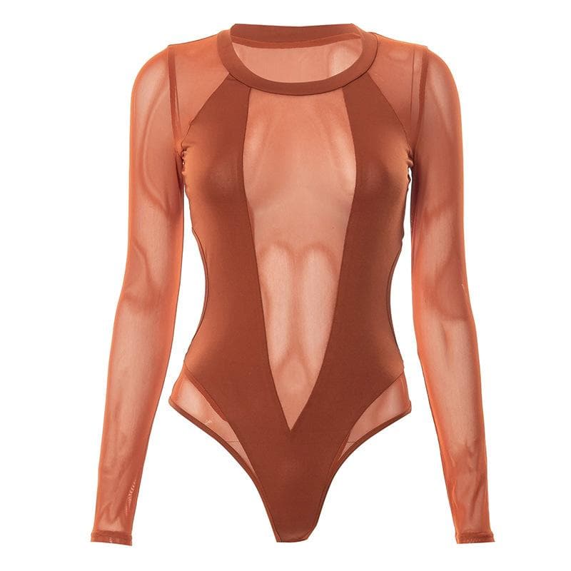 Mesh patchwork hollow out crewneck long sleeve bodysuit