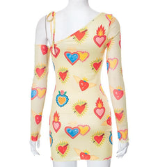 Heart print contrast irregular long sleeve mesh mini dress