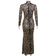 Leopard print contrast high neck long sleeve maxi dress