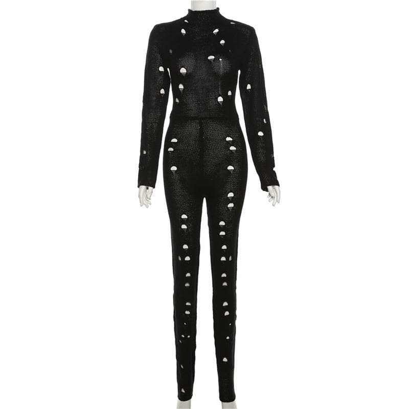 Crochet hollow out high neck long sleeve lace up jumpsuit