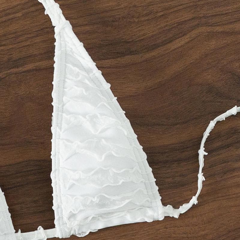 Traje de baño bikini sin espalda con lazo y cuello halter texturizado sólido