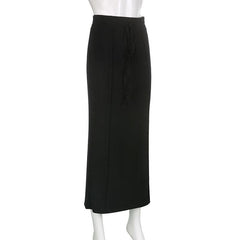 Solid self tie stitch medium rise maxi skirt