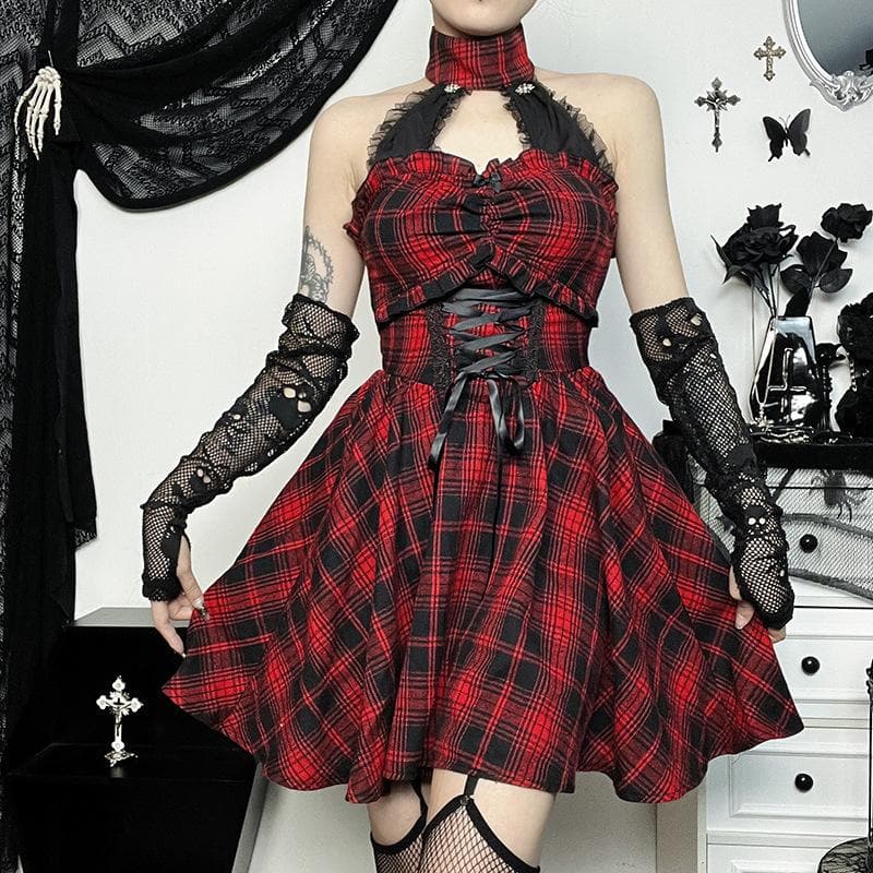 Neckholder-Minikleid mit Reißverschluss und Spitzensaum, Schnürung und kariertem Rücken, viktorianische Gothic-Kleider