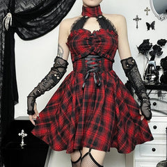 Zip-up lace hem halter lace up plaid backless mini dress | victorian gothic dresses