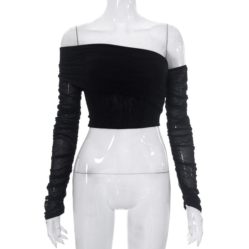 Long sleeve solid mesh off shoulder irregular crop top