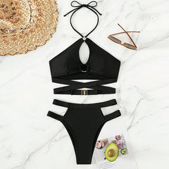 Cross front hollow out solid o ring halter bikini swimwear