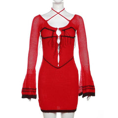 Knitted cross front contrast halter long flared sleeve button mini dress