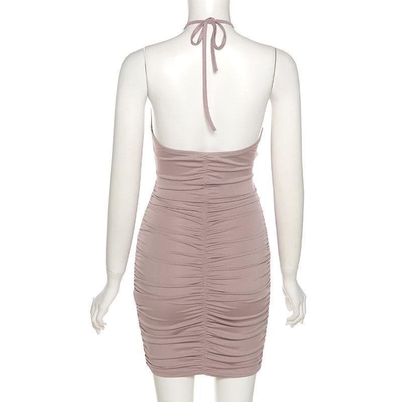 Hollow out ruched halter tie back bodycon dress