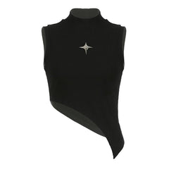 Star applique irregular sleeveless high neck crop top