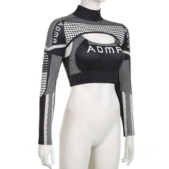 High neck long sleeve contrast 2 piece crop top - Final Sale