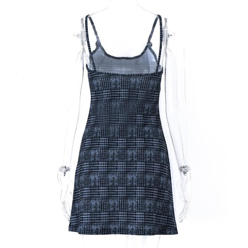 Plaid contrast print backless u neck button cami dress