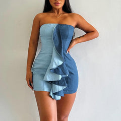 Ruffle contrast patchwork denim backless tube mini dress