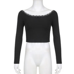 Ribbed lace hem bowknot round neck long sleeve solid top