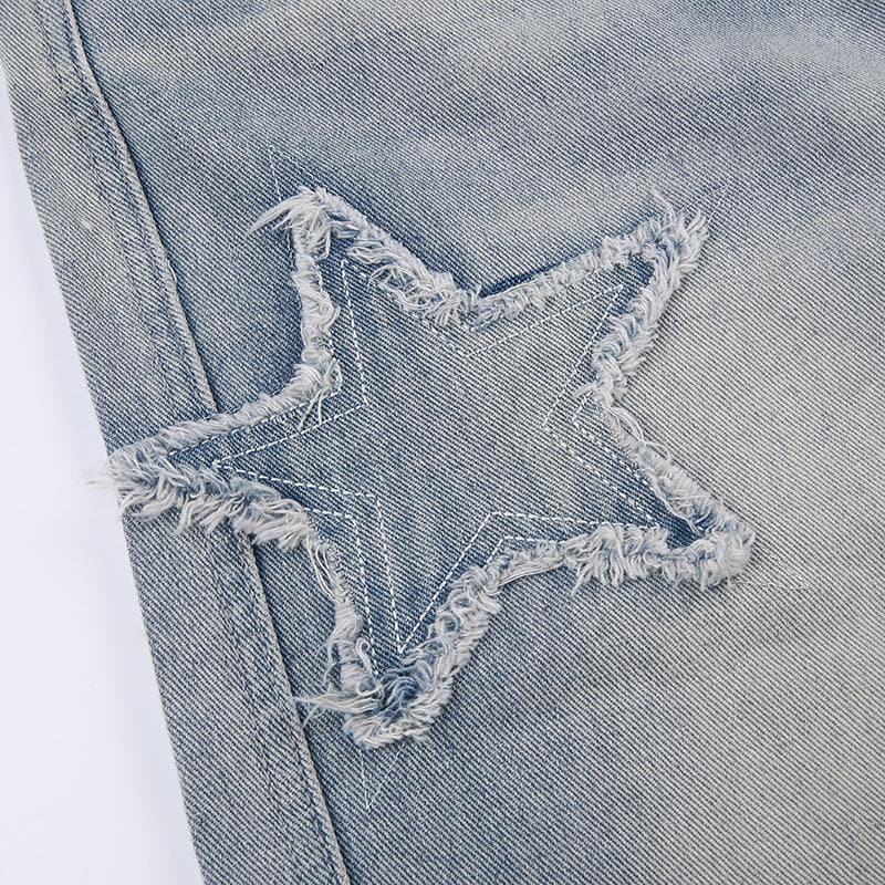 Star patchwork raw hem irregular medium rise jeans