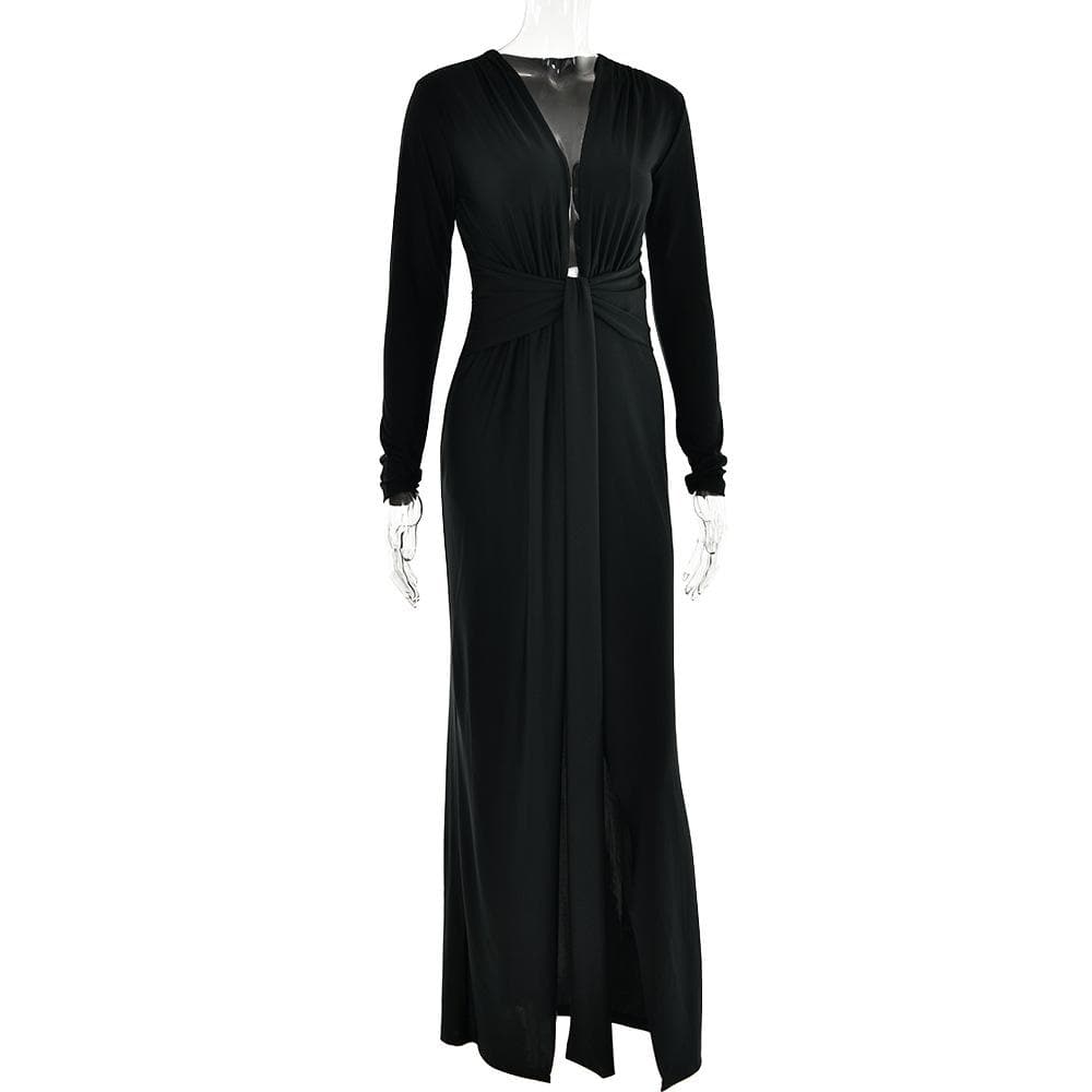 Long sleeve v neck ruched slit solid irregular maxi dress