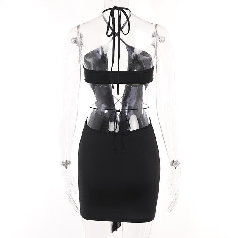 Hollow out solid cross front halter ruffle ruched mini dress