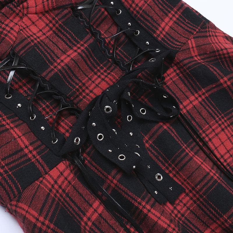 Zip-up lace hem lace up plaid backless mini dress