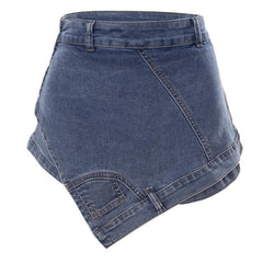 Patchwork irregular stitch 2-way zip-up denim shorts