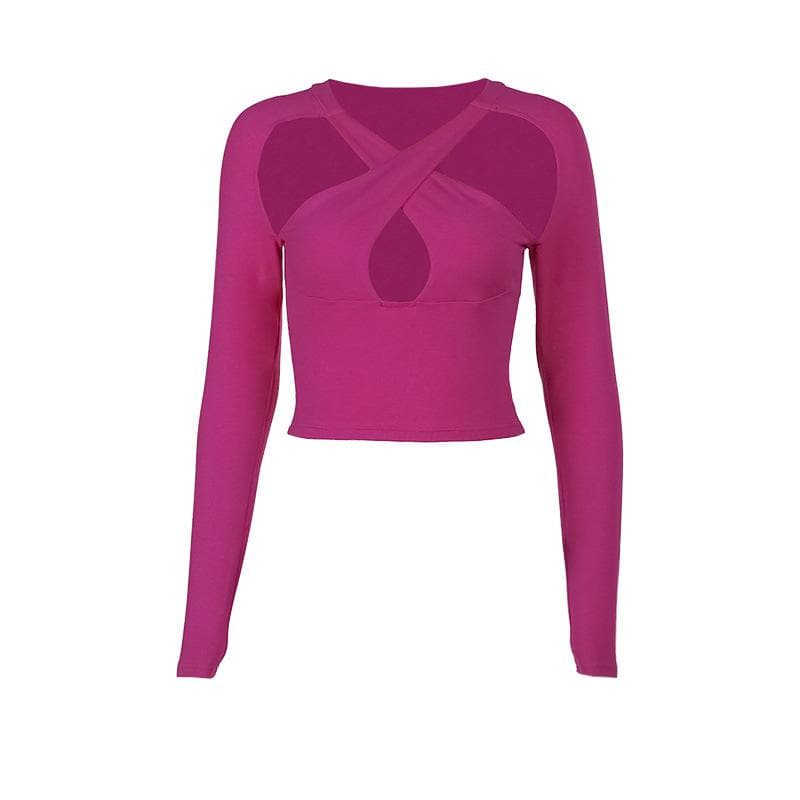 Hollow out cross front long sleeve solid crop top - Final Sale