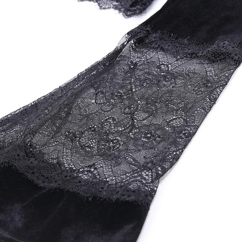 Lace patchwork v neck solid velvet long flared sleeve crop top