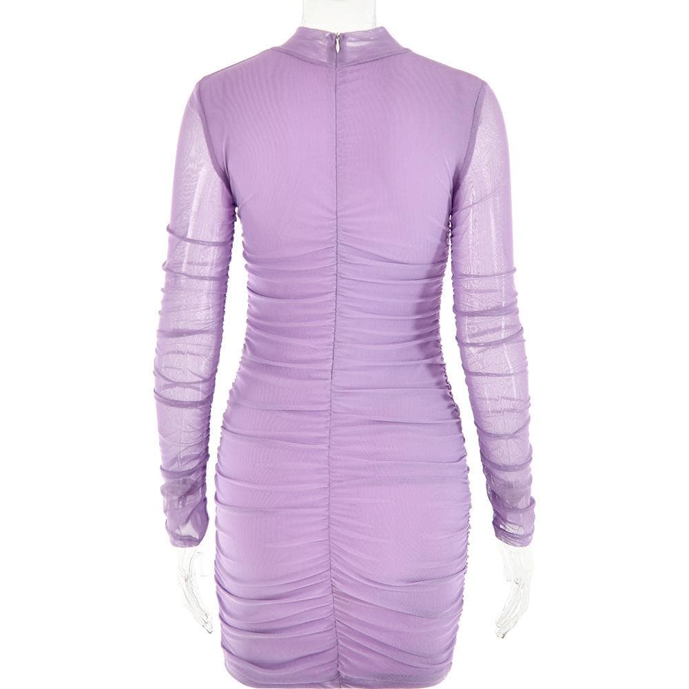 Mesh ruched zip-up long sleeve solid high neck mini dress