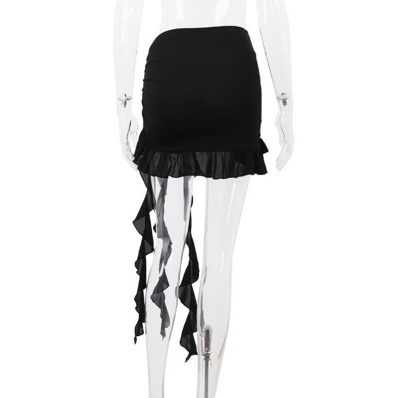 Irregular hollow out ribbon butterfly applique solid ruffle mini skirt