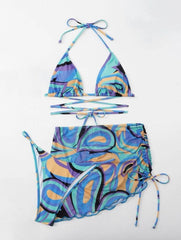 Contrast print halter drawstring mesh backless 3 piece swimwear