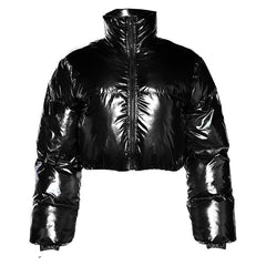 High neck metallic long sleeve zip-up solid metallic winter coat