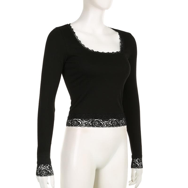 Lace hem solid square neck long sleeve top