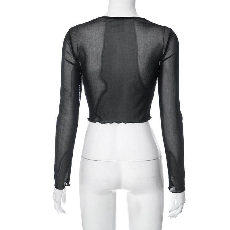 Hollow out patchwork ruffle solid long sleeve mesh crop top - Final Sale