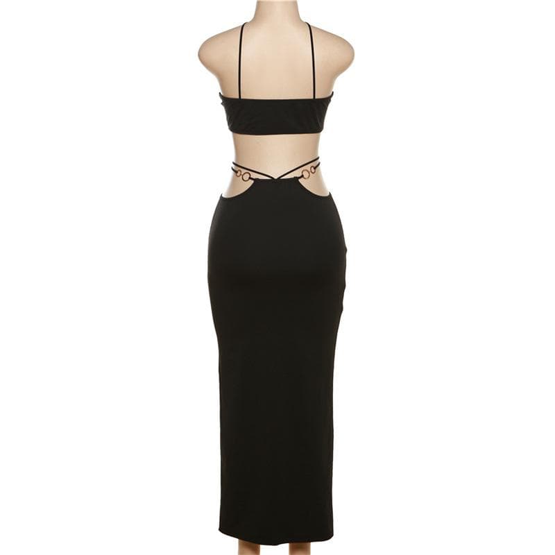 Cross front hollow out o ring backless low cut maxi dress