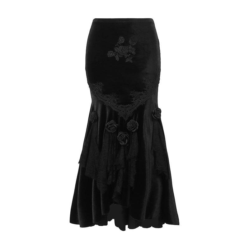 Velvet embroidery flower applique lace hem ruched maxi skirt | victorian gothic dresses