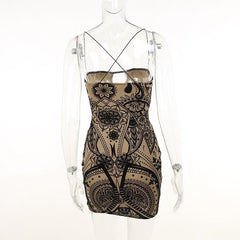 Mesh contrast hollow out cross back velvet mini dress