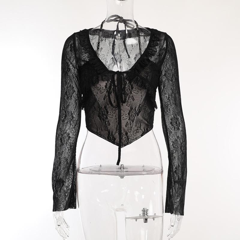 Lace corset long sleeve 2-way ruffle 2 piece crop top