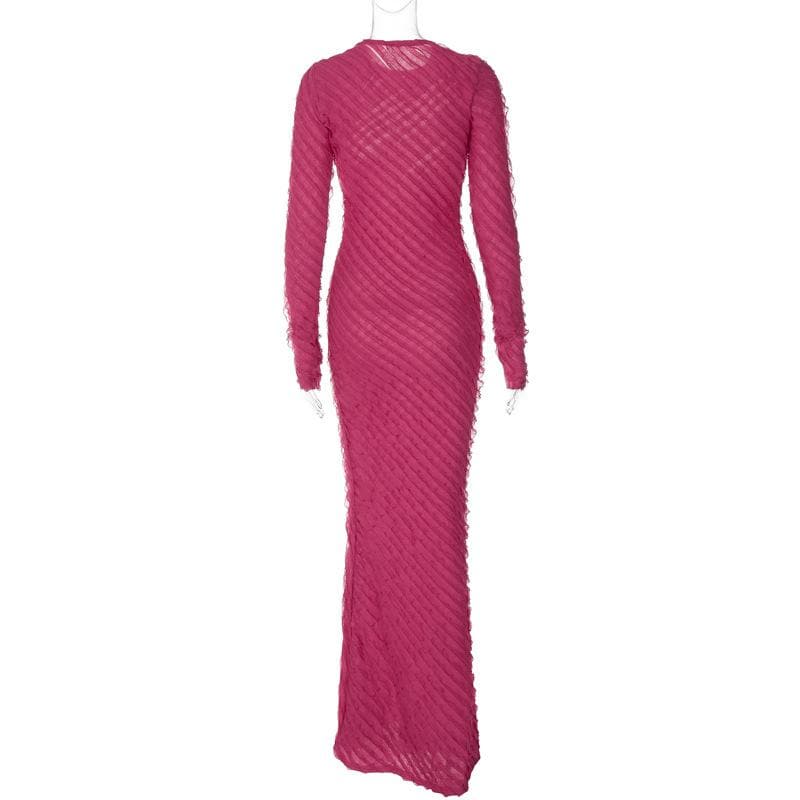 Textured long sleeve crewneck ruffle solid maxi dress