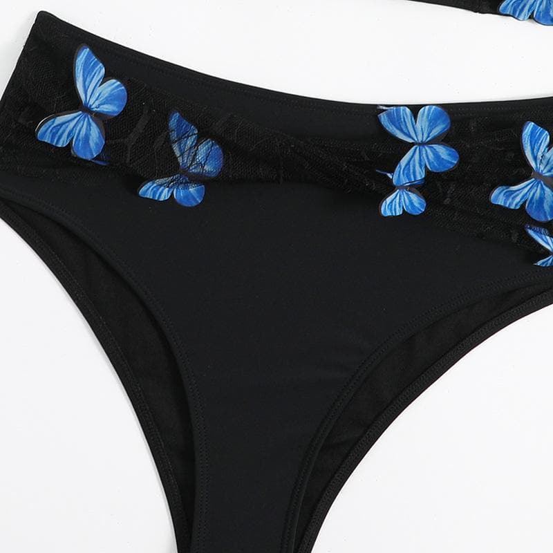 Traje de baño bikini irregular con dobladillo de encaje y apliques de mariposa en un solo hombro 