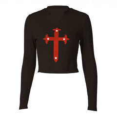 Long sleeve notch neck contrast cross pattern textured crop top