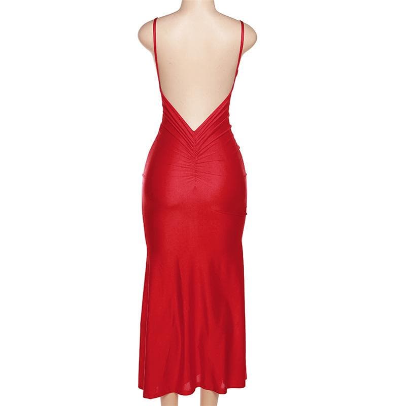 Low cut v neck ruched solid backless cami maxi dress