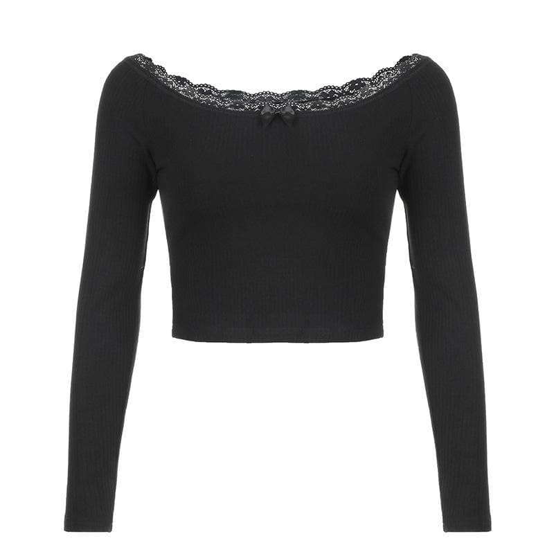 Ribbed lace hem bowknot round neck long sleeve solid top