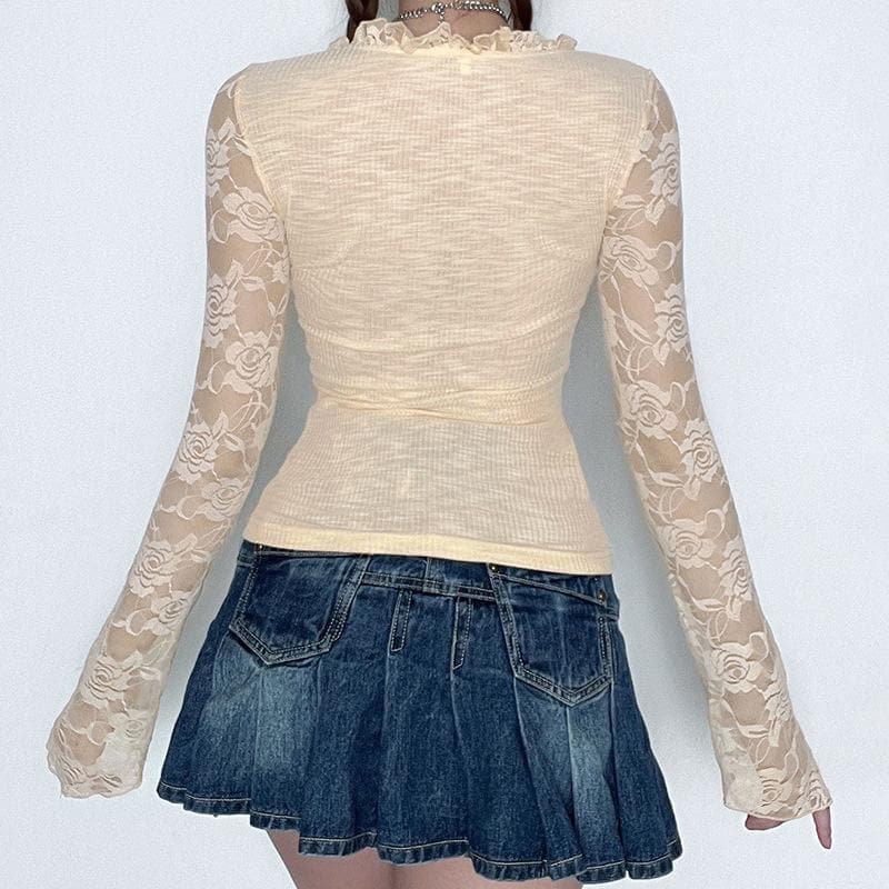 Lace long sleeve solid lace up ruffle ruched top