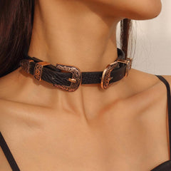 Metal button PU choker necklace