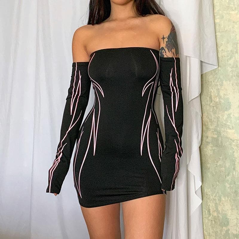 Contrast off shoulder long sleeve backless mini dress