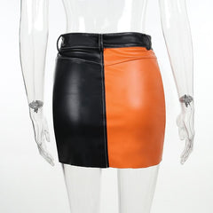 Patchwork contrast zip-up irregular pocket mini skirt